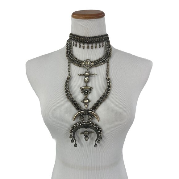Free People Multilayered Antiqued Silver & Rhinestone Necklace - Picture 3 of 16
